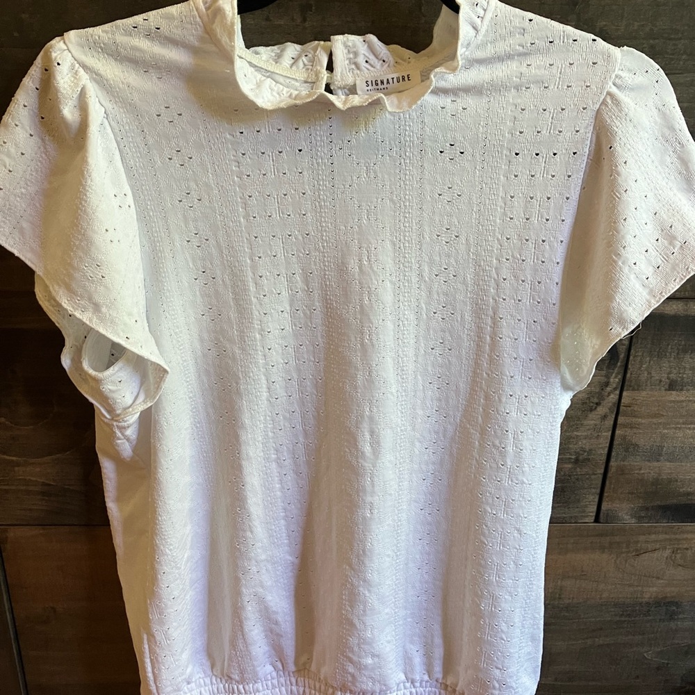Signature White Ruffled Flutter Sleeve Blouse